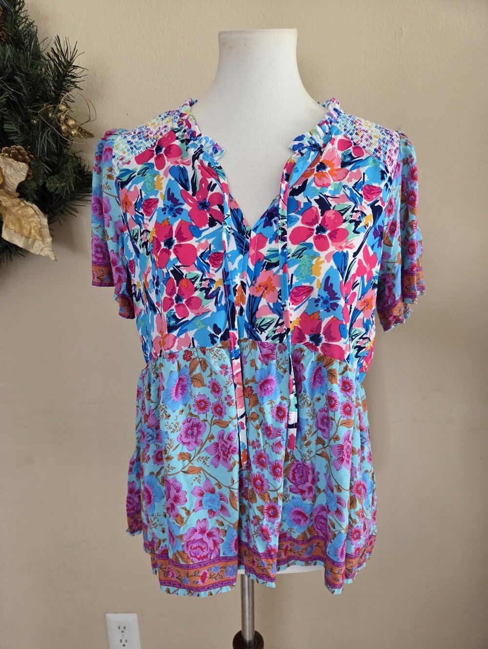 Umgee - Aqua and Pink Floral Ruffle Blouse - Size Small
